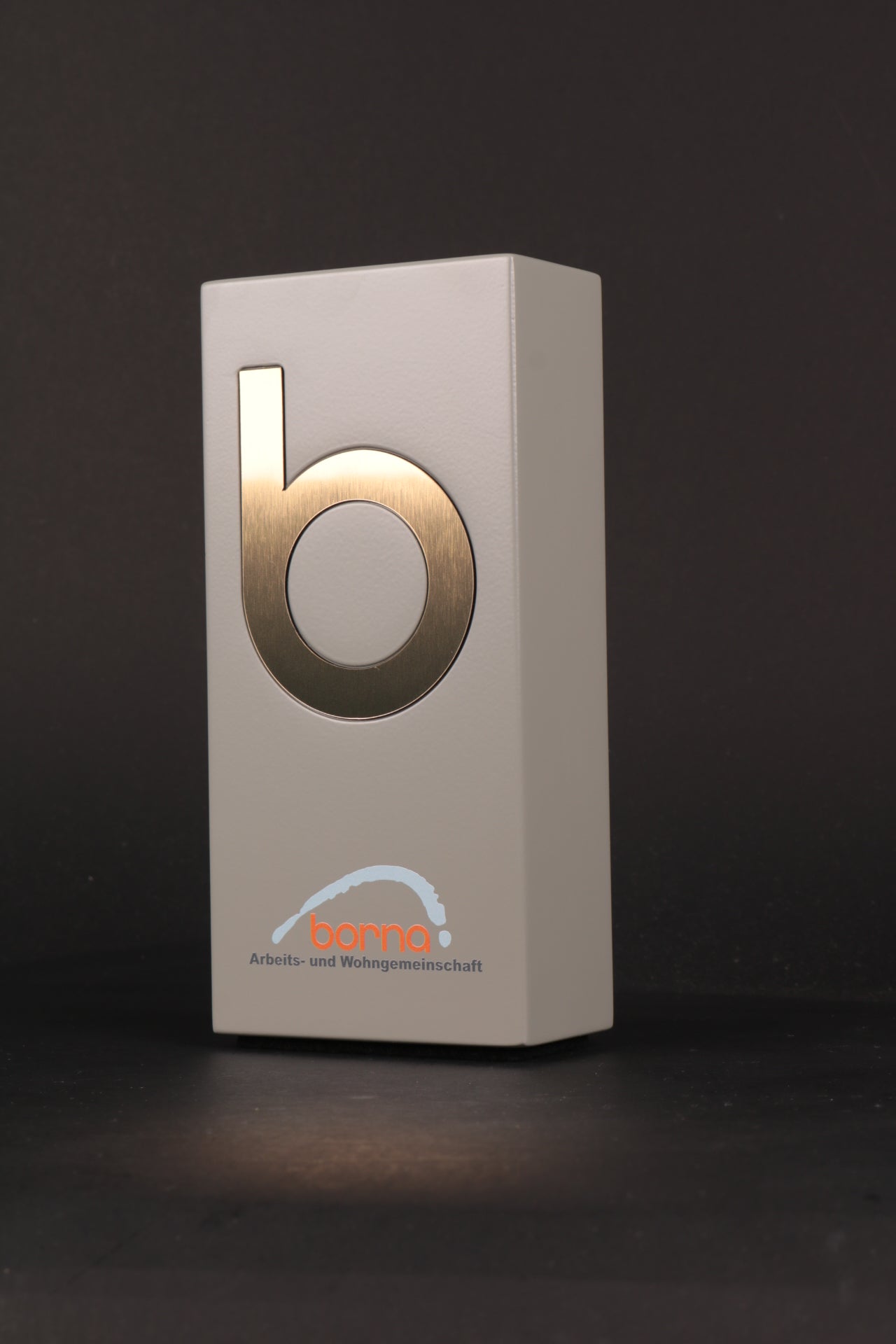 grey trophy with a brassed logo for borna