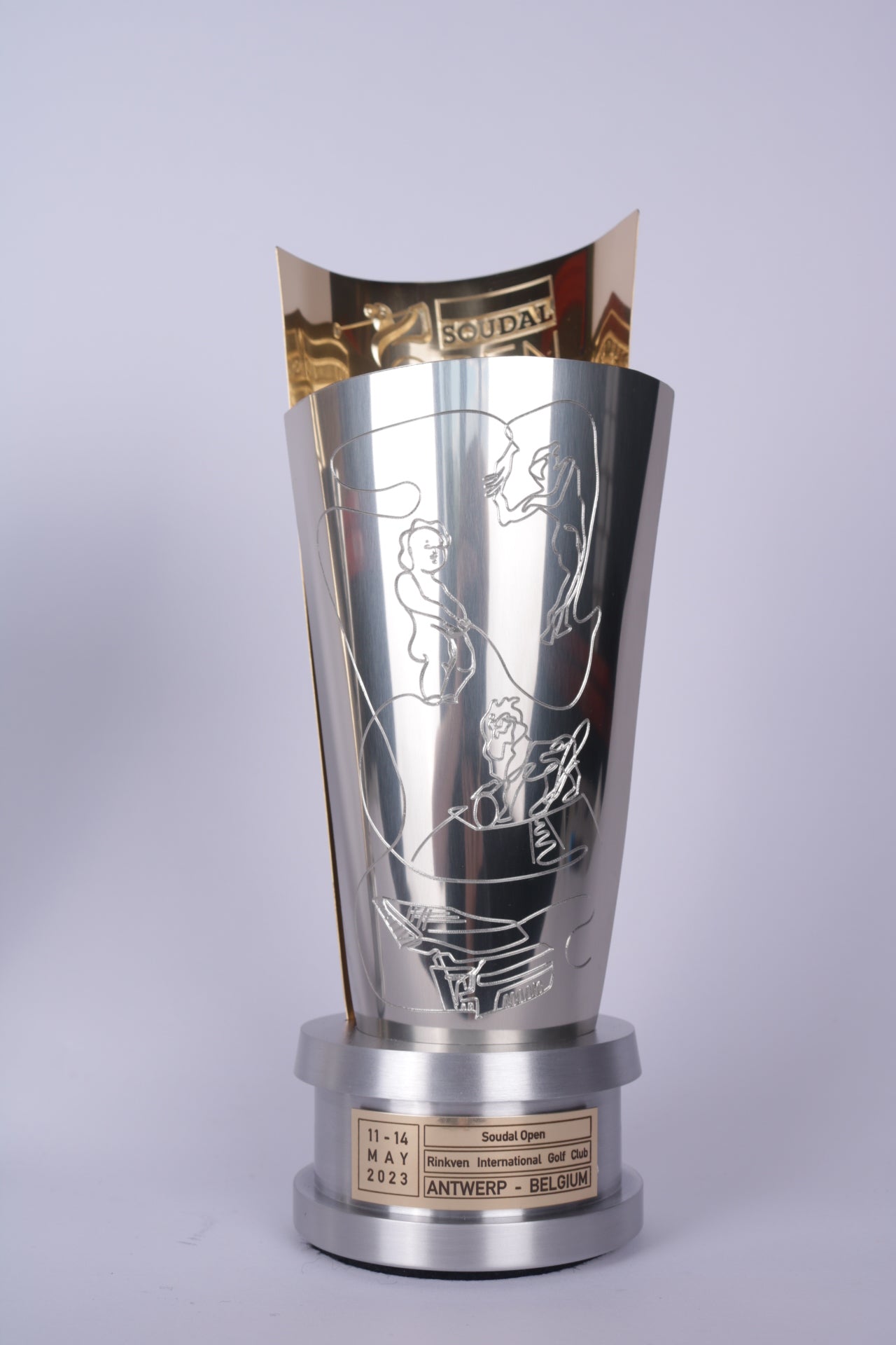 aluminium trophy with a brassed template for the soudal open golf